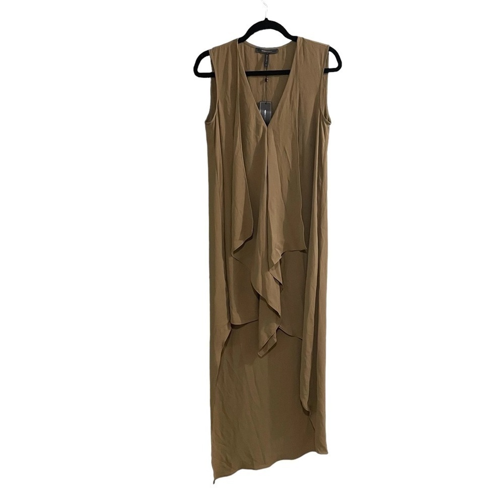 BCBGMAXAZRIA Tan Sleeveless Cascade Ruffle High Low Maxi Dress XS